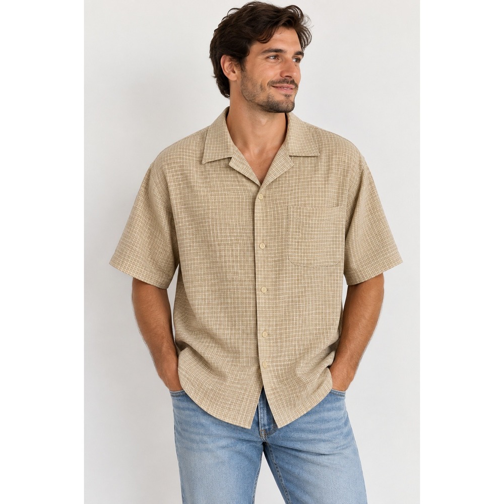 John Henry Button Down Mens XL Grandpacore Tan Gingham Rayon Short Sleeve Shirt
